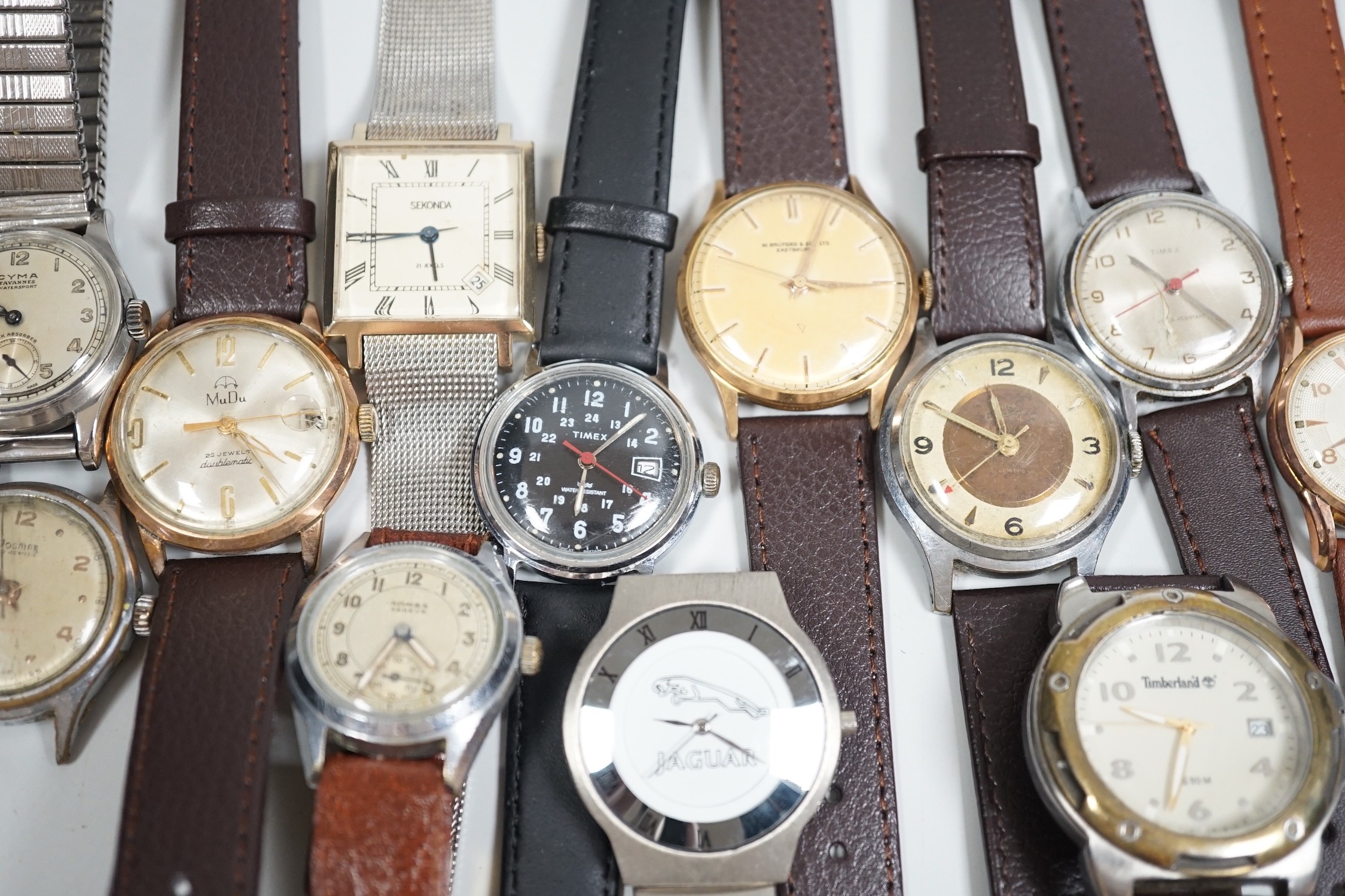 A collection of twelve assorted mainly gentleman's wrist watches, including Cyma, Sekonda and Timex.